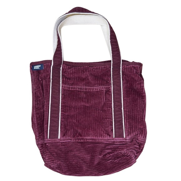 Lands' End Corduroy Tote Canvas Bag Purse Maroon White Trim Travel Holiday - Picture 1 of 7